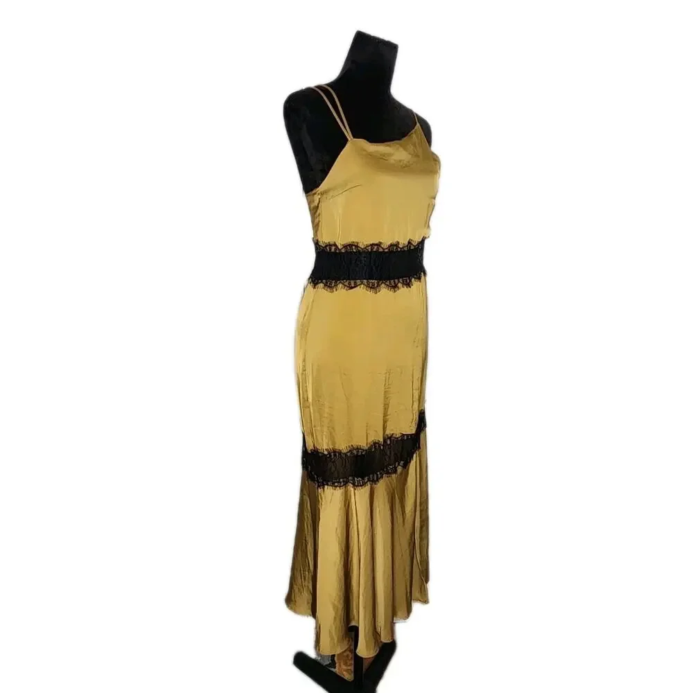 Zara Satin Contrast Slip Camisole Midi Dress Sheer Lace Panel Olive green Xs - Picture 3 of 11